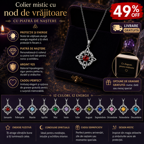 Colier mistic cu Nodul Vrăjitoarei și piatră de naștere 🔮💞 Protejează-i pe cei dragi