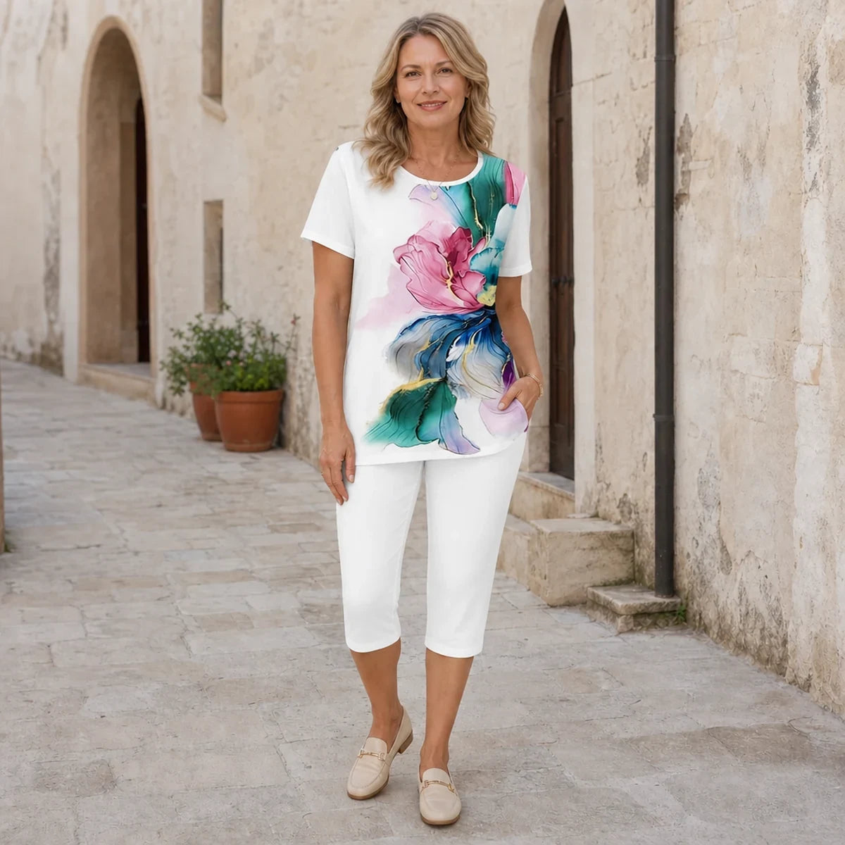 【Set de Vară 2026】Compleu Casual de Damă din 2 Piese – Tricou Lejer cu Imprimeu Modern și Colanți Trei Sferturi (6 Modele, Mărimi S-5XL) ✨