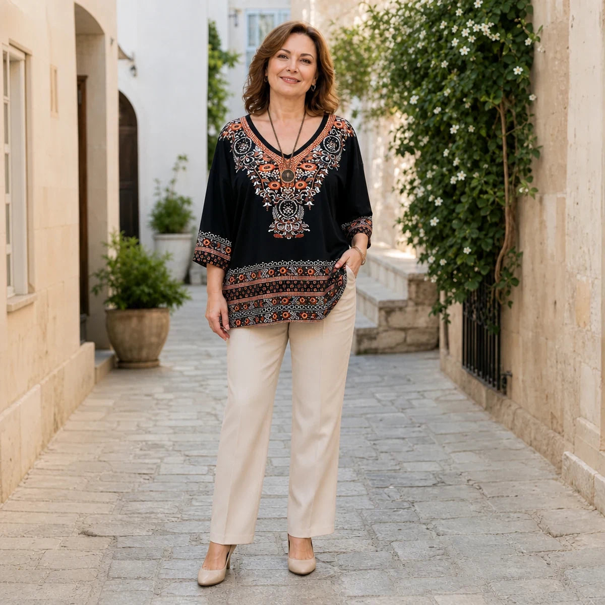 Bluză de Damă Elegantă cu Imprimeu Boho și Decolteu în V, Croială Lejeră, Stil Retro Etnic, Material Fin și Răcoros