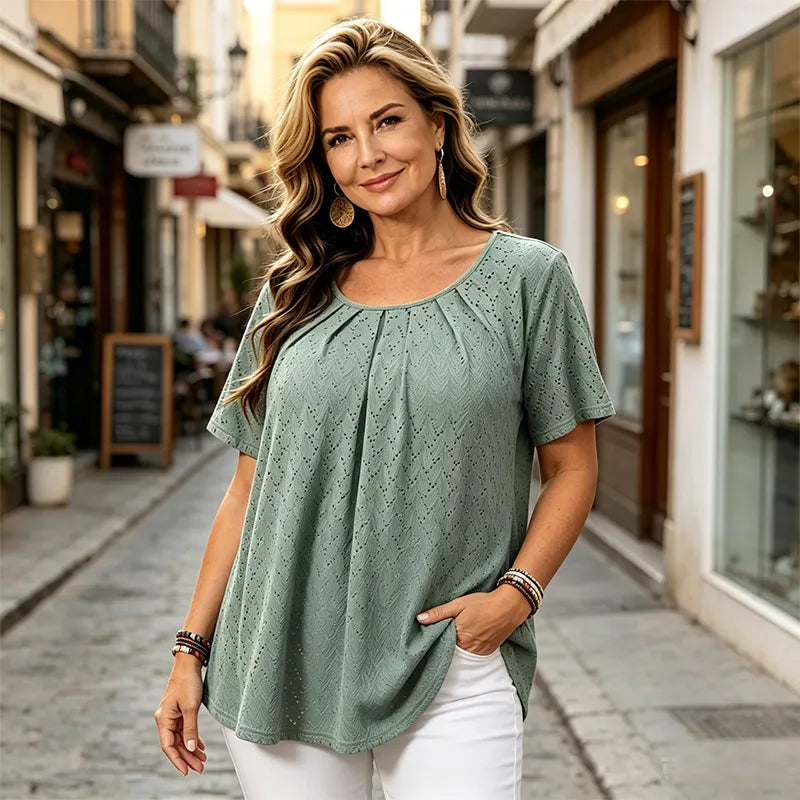 Bluză Elegantă de Damă cu Broderie Sparte și Pliuri la Decolteu, Tricou Lejer cu Mânecă Scurtă, Cămașă Texturată în Stil Francez