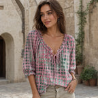 Bluză de Damă în Stil Boho cu Șnur și Volane, Imprimeu cu Buline, Material Subțire, Respirabil și Moale