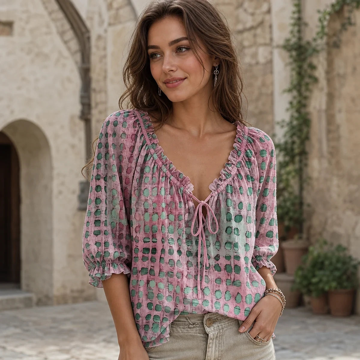 Bluză de Damă în Stil Boho cu Șnur și Volane, Imprimeu cu Buline, Material Subțire, Respirabil și Moale