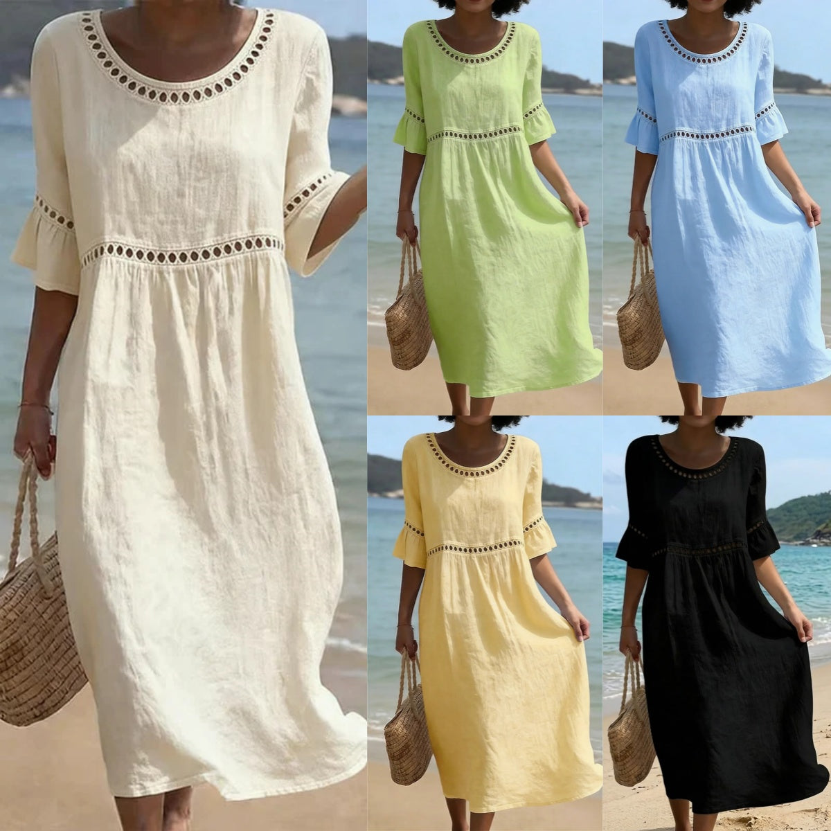 ✨【S–3XL】Rochie damă din bumbac și in, croi lejer, cu decolteu rotund și mâneci bufante, respirabilă și moale, confortabilă la purtare.