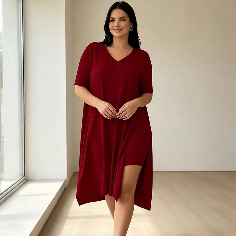 Set de Vară 2 Piese Dama Plus Size, Tricou Lung cu Crăpătură Laterală și Pantaloni Scurți, Material Moale, Elastic și Respirabil