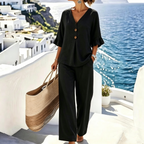 ✨【S–3XL】Set elegant cu decolteu în V, realizat din bumbac și in, croială avantajoasă, confortabil, respirabil și stilat pentru orice ocazie ✅ Plată la livrare disponibilă.