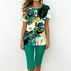 Set Casual de Damă din 2 Piese: Tricou cu Imprimeu Marmură și Pantaloni Capre – Material Moale, Respirabil și Elastic, Stil Lejer de Vară