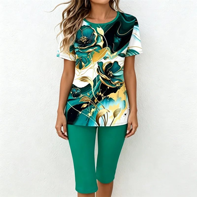 Set Casual de Damă din 2 Piese: Tricou cu Imprimeu Marmură și Pantaloni Capre – Material Moale, Respirabil și Elastic, Stil Lejer de Vară