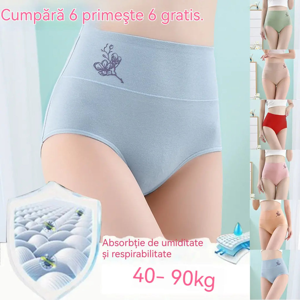 💖【Set de 6 bucăți】Chiloți din bumbac pur cu talie înaltă, efect de ridicare a feselor, mărimi mari