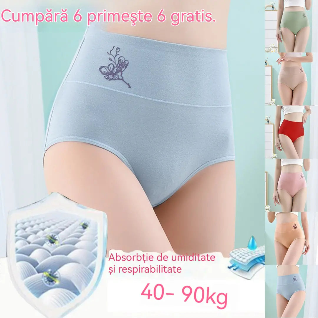 💖【Set de 6 bucăți】Chiloți din bumbac pur cu talie înaltă, efect de ridicare a feselor, mărimi mari