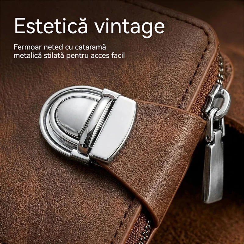 Portofel din Piele Naturală pentru Bărbați: Design Retro cu Fermoar, Compartiment Carduri și Protecție RFID