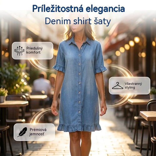 Rochie tip cămașă din denim, cu croială lejeră și volane