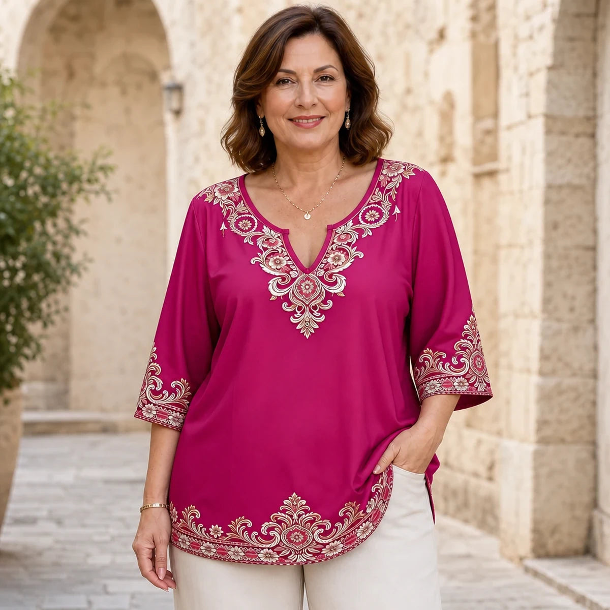 Bluză cu mânecă scurtă, decolteu în V și broderie retro, mărimi mari