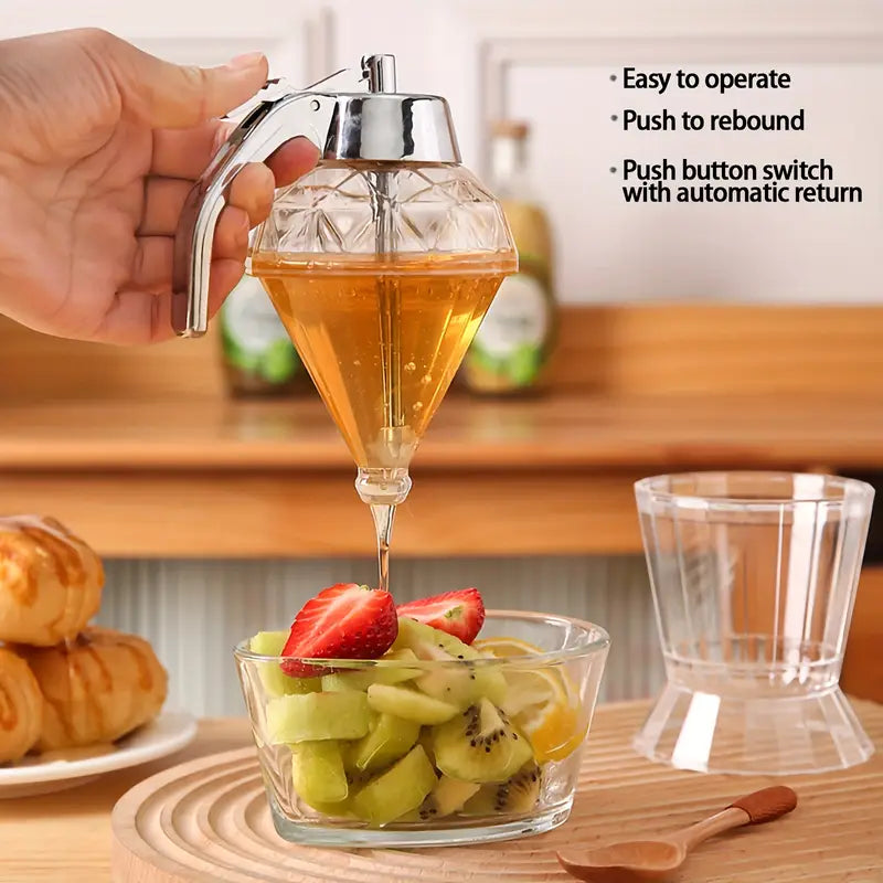 🍯🧉Dispenser de miere și sirop din sticlă cu design Diamond, recipient fără picurare cu suport, perfect pentru miere, sirop de arțar și ulei de măsline, accesoriu elegant pentru bucătărie și cafenea