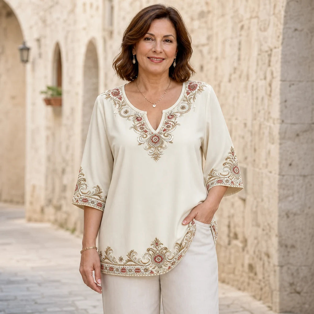 Bluză cu mânecă scurtă, decolteu în V și broderie retro, mărimi mari