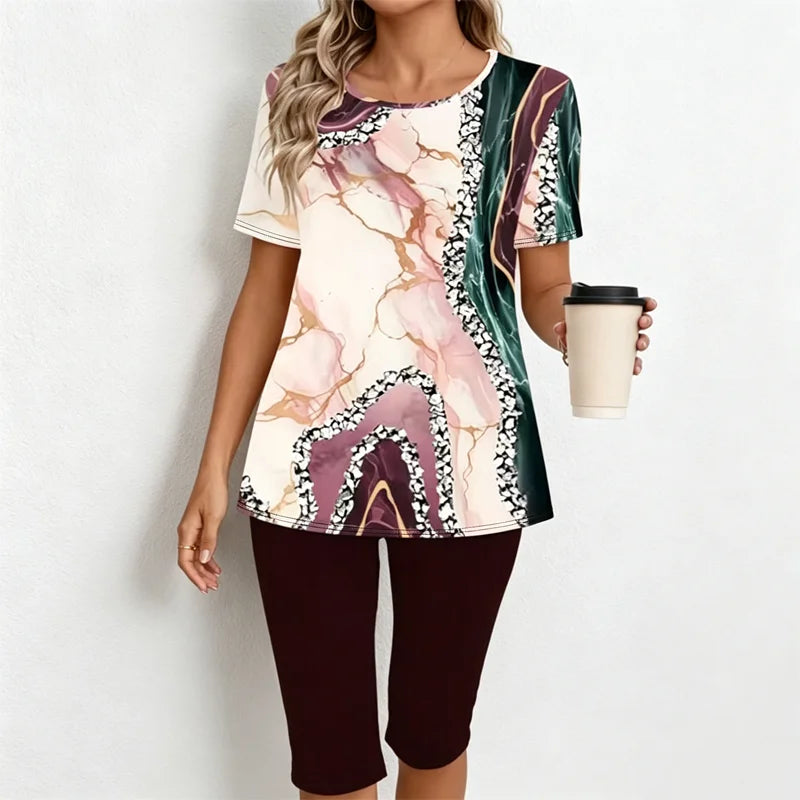 Set Casual de Damă din 2 Piese: Tricou cu Imprimeu Marmură și Pantaloni Capre – Material Moale, Respirabil și Elastic, Stil Lejer de Vară