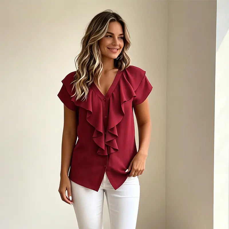 Bluză Elegantă de Vară pentru Femei cu Decolteu în V – Cămașă Lejeră cu Volane și Nasturi, Material Moale, Respirabil și Răcoros