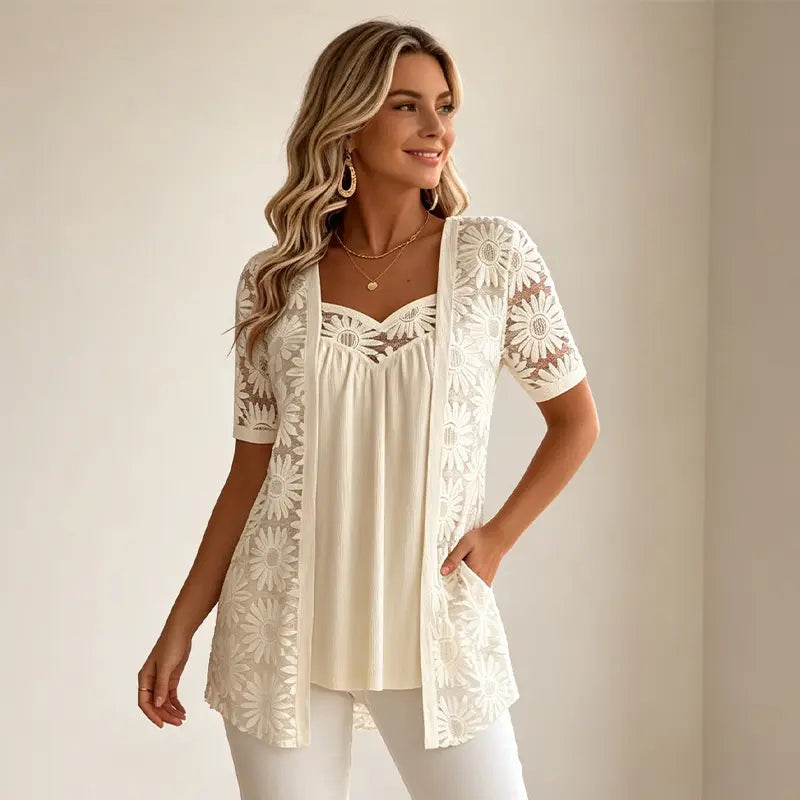 👚 Bluze Elegante Efect 2-în-1 cu Dantelă și Mesh – Design Anti-Burtică pentru Subțiere, 5 Culori, Mărimi S-4XL! 🌸✨