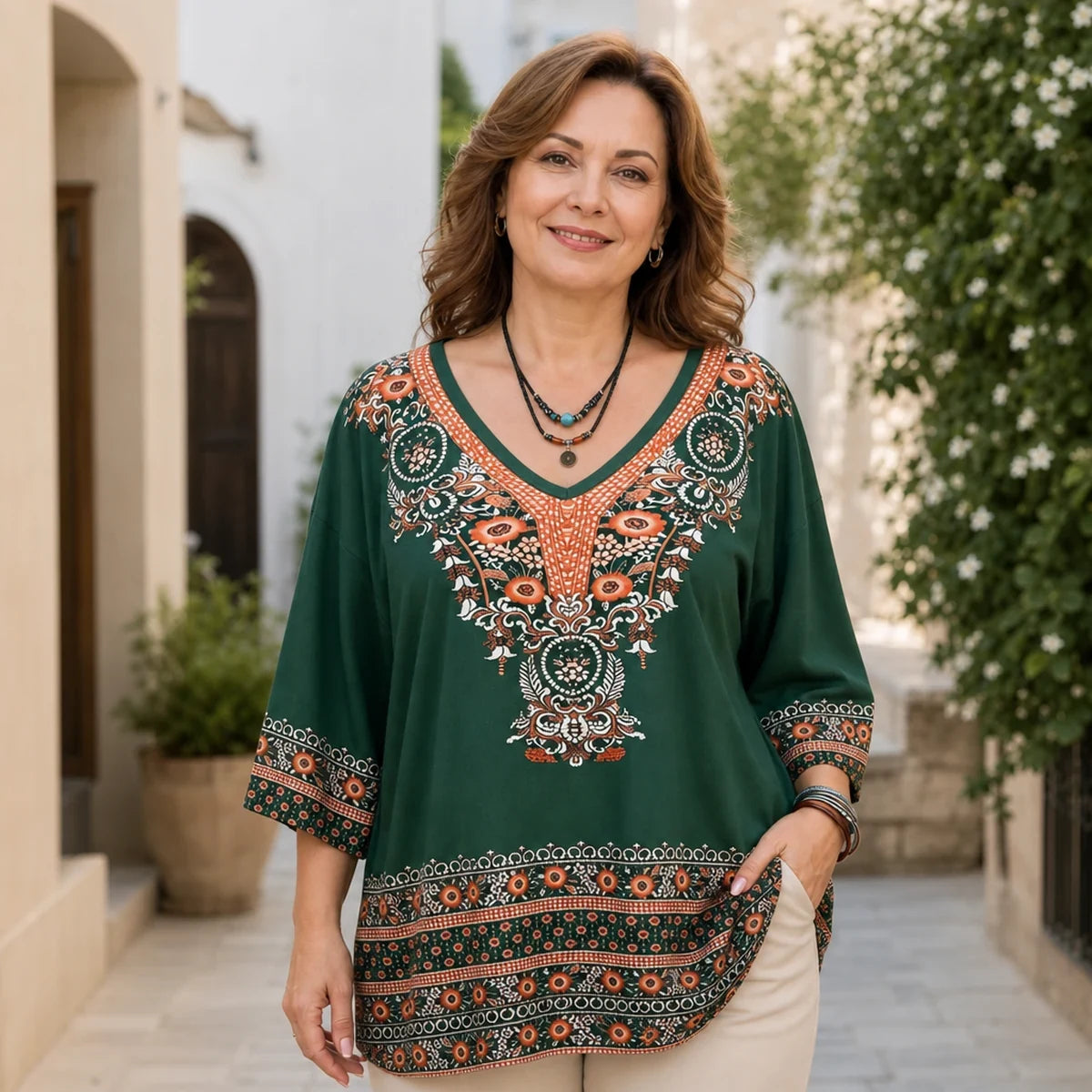 Bluză de Damă Elegantă cu Imprimeu Boho și Decolteu în V, Croială Lejeră, Stil Retro Etnic, Material Fin și Răcoros
