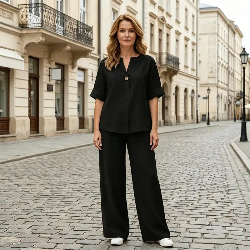 Compleu de Vară Stil Casual-Chic: Material Natural și Design Modern cu Guler în V