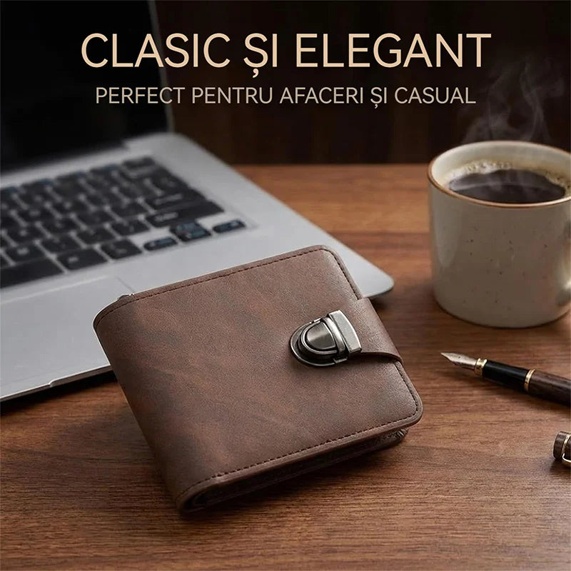 Portofel din Piele Naturală pentru Bărbați: Design Retro cu Fermoar, Compartiment Carduri și Protecție RFID