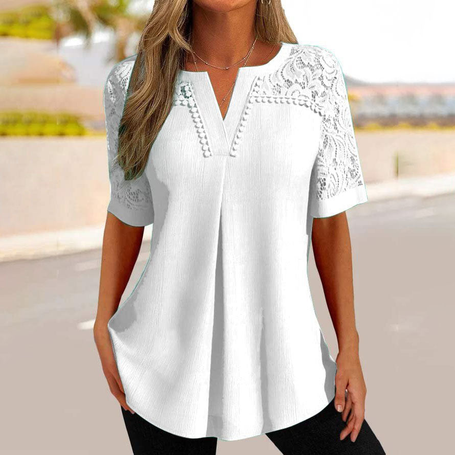 🌼 2026 nou tricou cu mânecă scurtă cu cusături din dantelă
