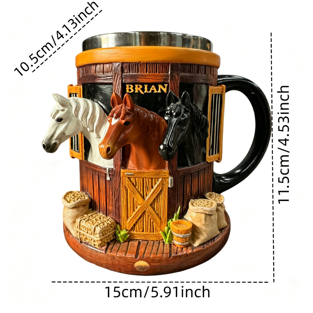 Cană 3D de Cafea cu Tematică Fermă și Grajd de Cai, Cană din Inox cu Relief Tridimensional, Cadou Ideal pentru Iubitorii de Cai