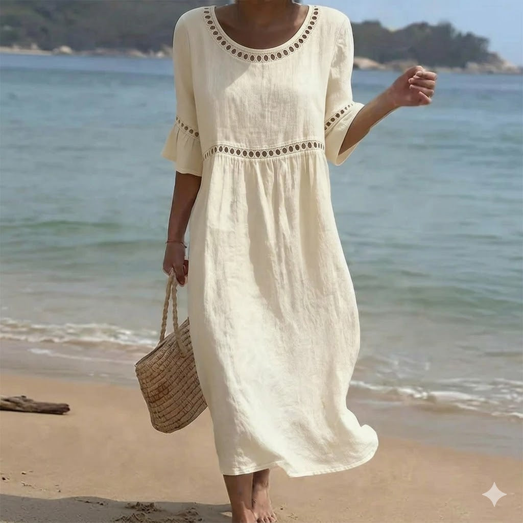 ✨【S–3XL】Rochie damă din bumbac și in, croi lejer, cu decolteu rotund și mâneci bufante, respirabilă și moale, confortabilă la purtare.