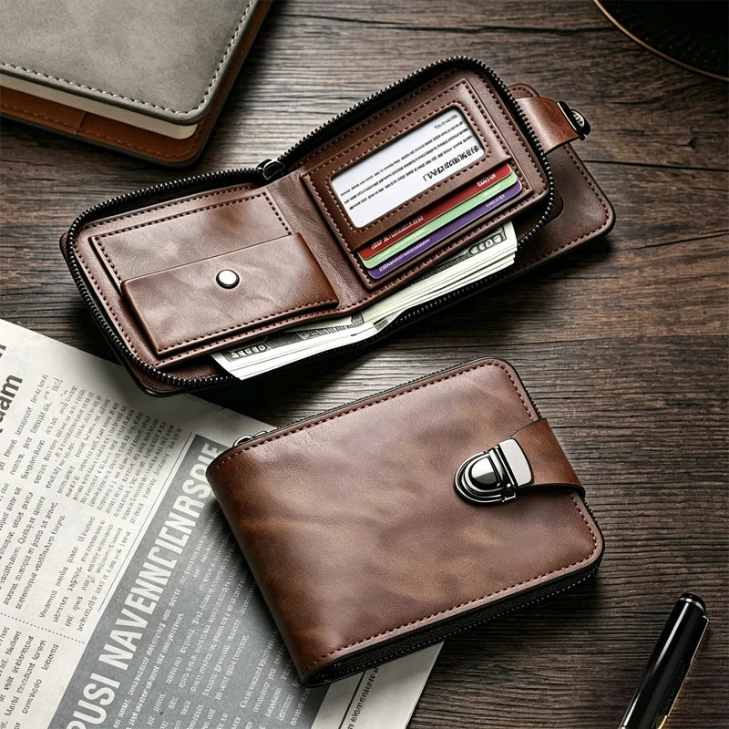 Portofel din Piele Naturală pentru Bărbați: Design Retro cu Fermoar, Compartiment Carduri și Protecție RFID