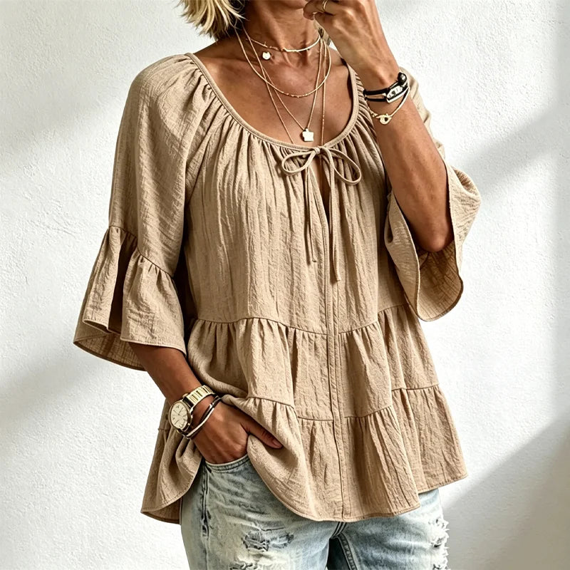Bluză de Damă Elegantă cu Volane și Șnur la Decolteu, Mâneci Trei Sferturi Tip Clopot, Cămașă Texturată în Stil Boho-Chic, Model Peplum Lejer