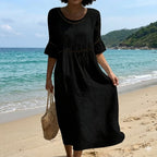 ✨【S–3XL】Rochie damă din bumbac și in, croi lejer, cu decolteu rotund și mâneci bufante, respirabilă și moale, confortabilă la purtare.