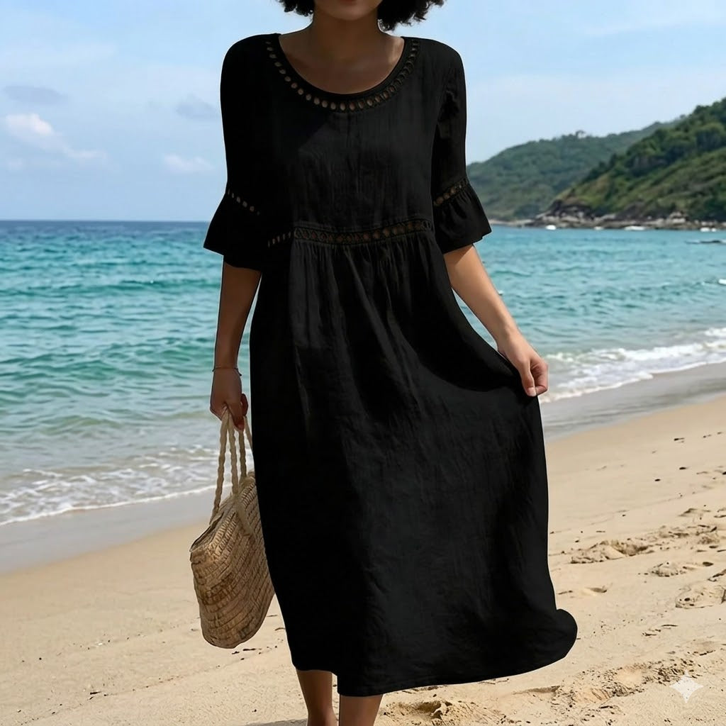 ✨【S–3XL】Rochie damă din bumbac și in, croi lejer, cu decolteu rotund și mâneci bufante, respirabilă și moale, confortabilă la purtare.