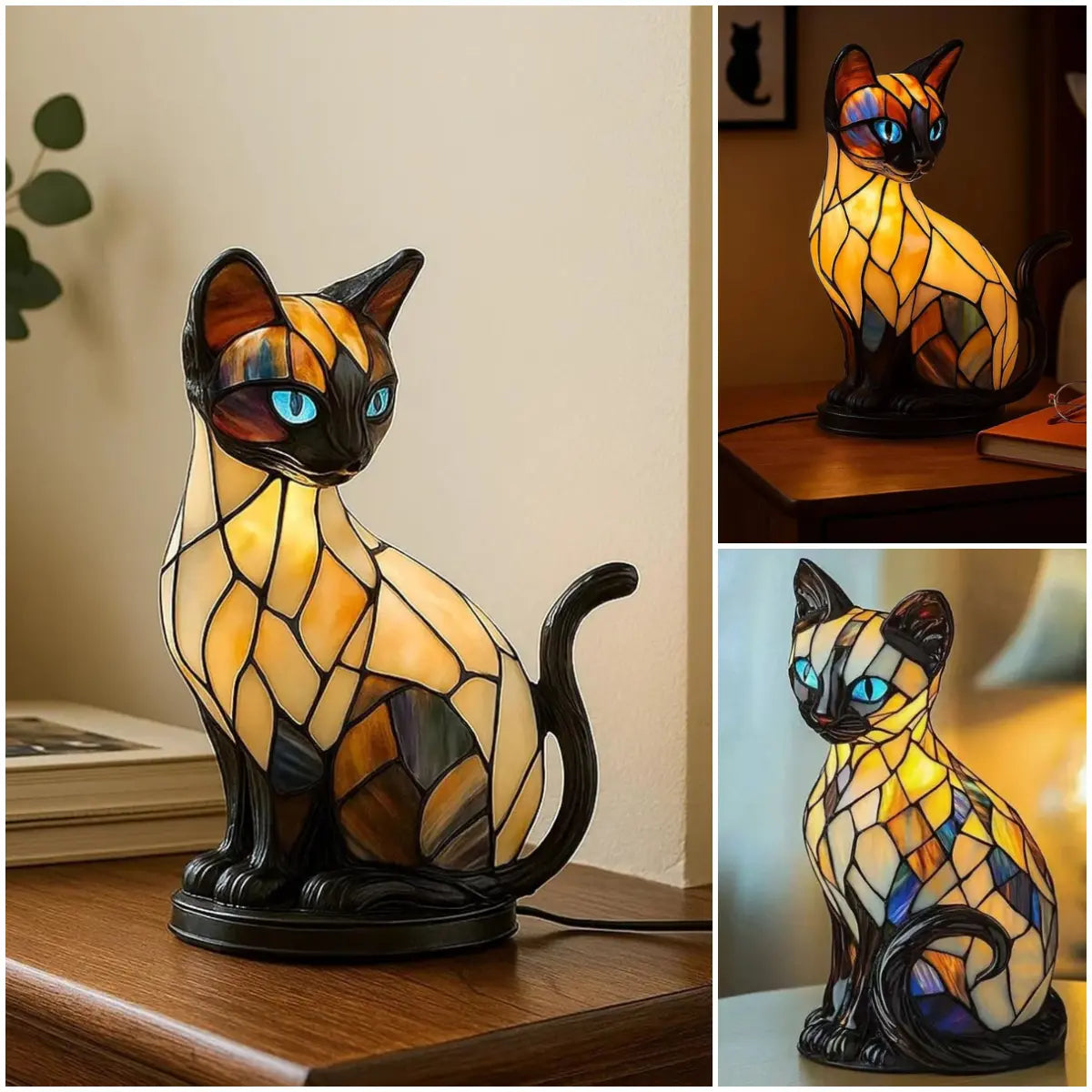 ✨ Lampă de masă în formă de pisică, lampă de veghe retro din rășină colorată, cu motiv felin 🐱💡✨
