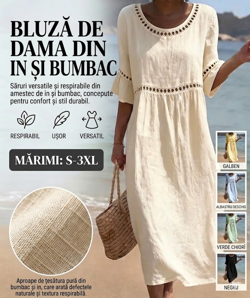 ✨【S–3XL】Rochie damă din bumbac și in, croi lejer, cu decolteu rotund și mâneci bufante, respirabilă și moale, confortabilă la purtare.