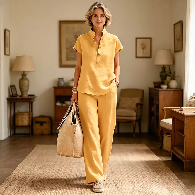 ✨Set de Damă din In și Bumbac – Bluză cu Mânecă Scurtă și Pantaloni Largi, Stil Casual Elegant de Vară