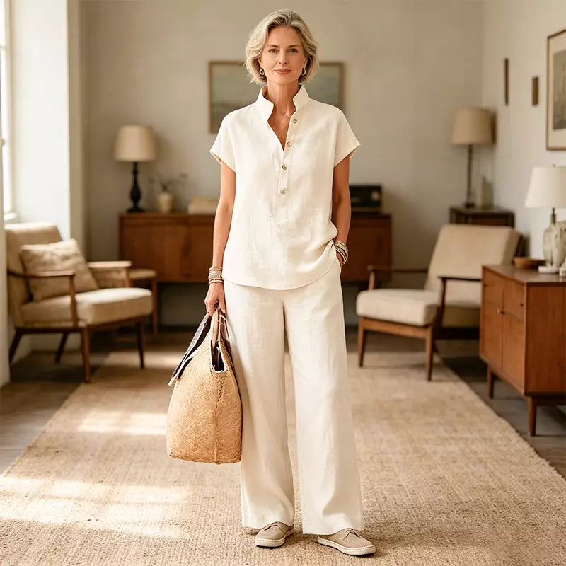 ✨Set de Damă din In și Bumbac – Bluză cu Mânecă Scurtă și Pantaloni Largi, Stil Casual Elegant de Vară