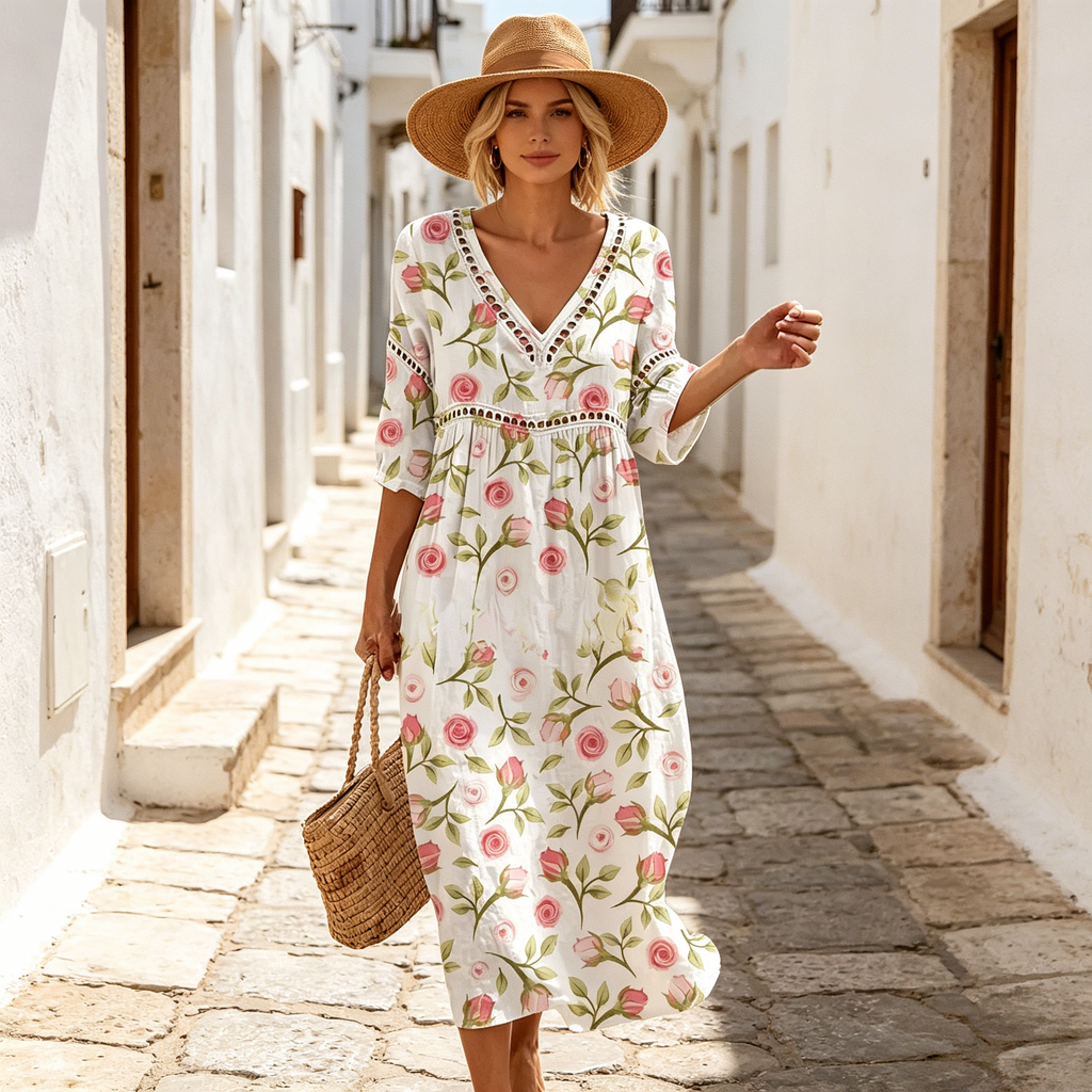 👗【S-3XL】Rochie lungă de damă din bumbac și in cu imprimeu - stil de vară, decolteu în V