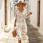 👗【S-3XL】Rochie lungă de damă din bumbac și in cu imprimeu - stil de vară, decolteu în V