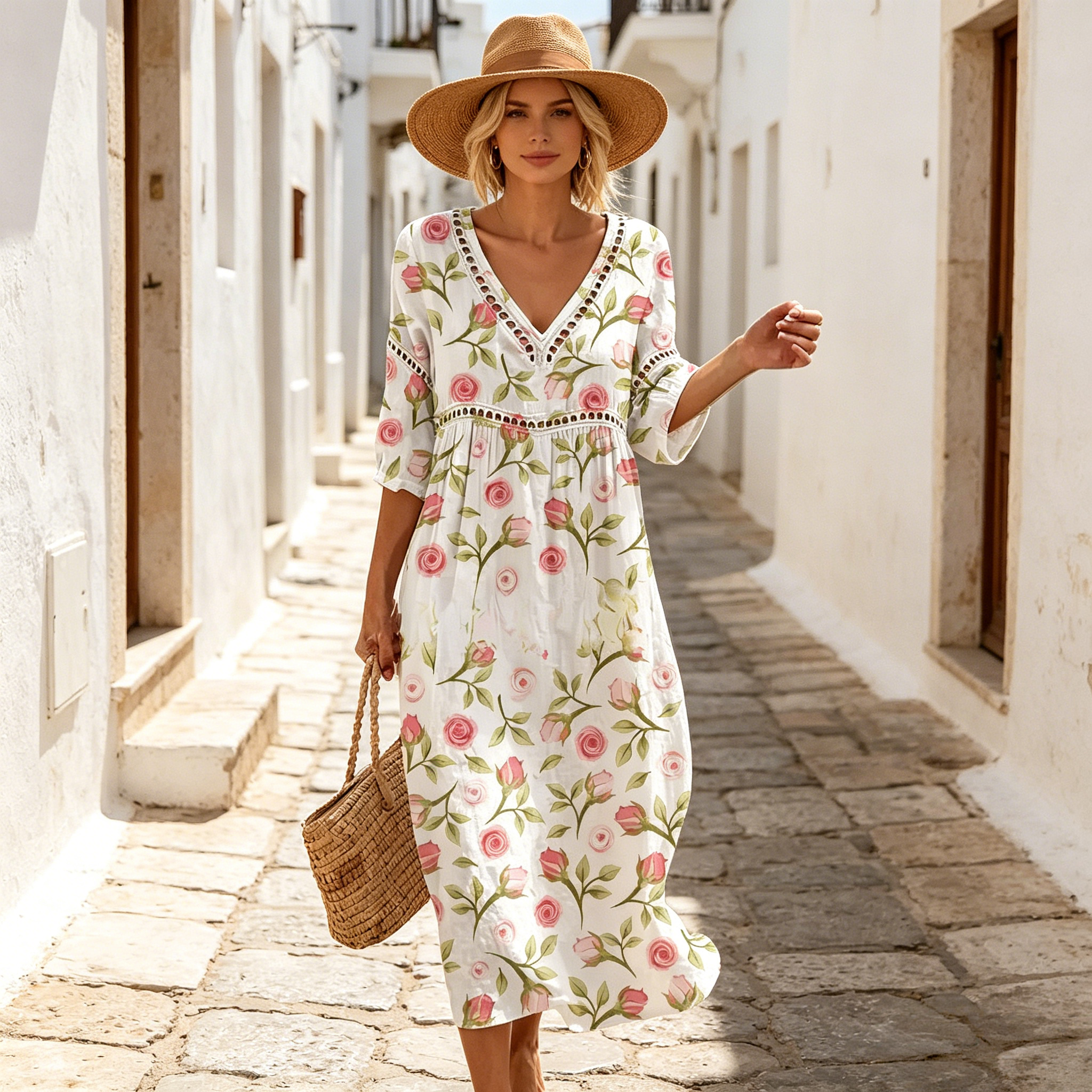 👗【S-3XL】Rochie lungă de damă din bumbac și in cu imprimeu - stil de vară, decolteu în V