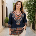 Bluză de Damă Elegantă cu Imprimeu Boho și Decolteu în V, Croială Lejeră, Stil Retro Etnic, Material Fin și Răcoros