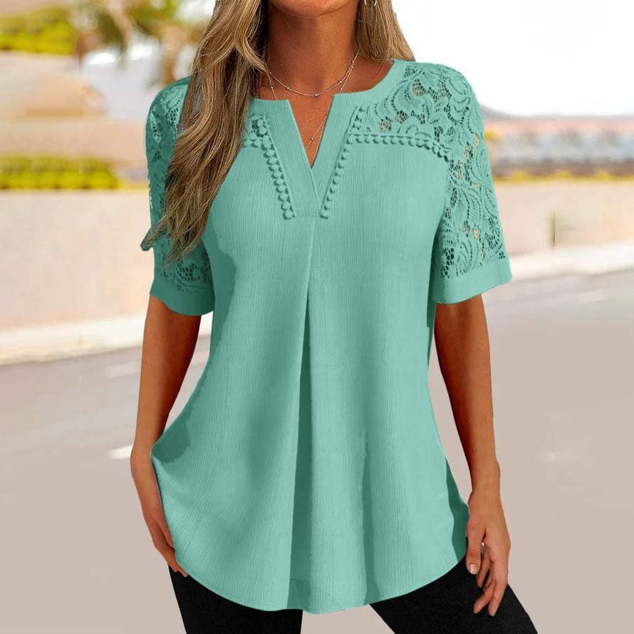 🌼 2026 nou tricou cu mânecă scurtă cu cusături din dantelă