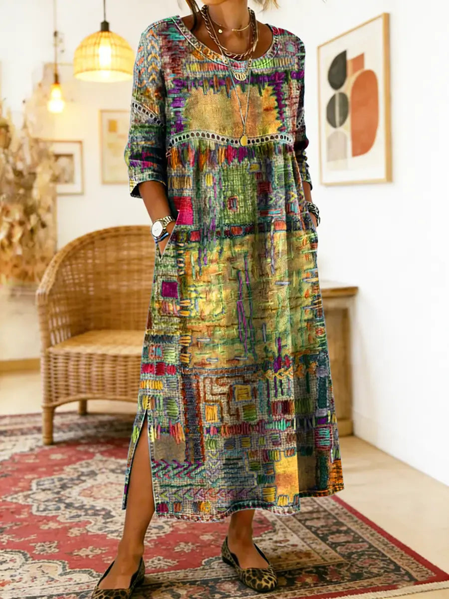 💟【S-5XL】Rochie de damă din bumbac cu imprimeu etnic și patchwork, cu bordură din dantelă