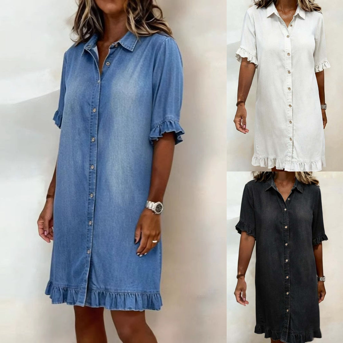 Rochie tip cămașă din denim, cu croială lejeră și volane