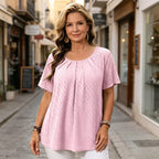 Bluză Elegantă de Damă cu Broderie Sparte și Pliuri la Decolteu, Tricou Lejer cu Mânecă Scurtă, Cămașă Texturată în Stil Francez