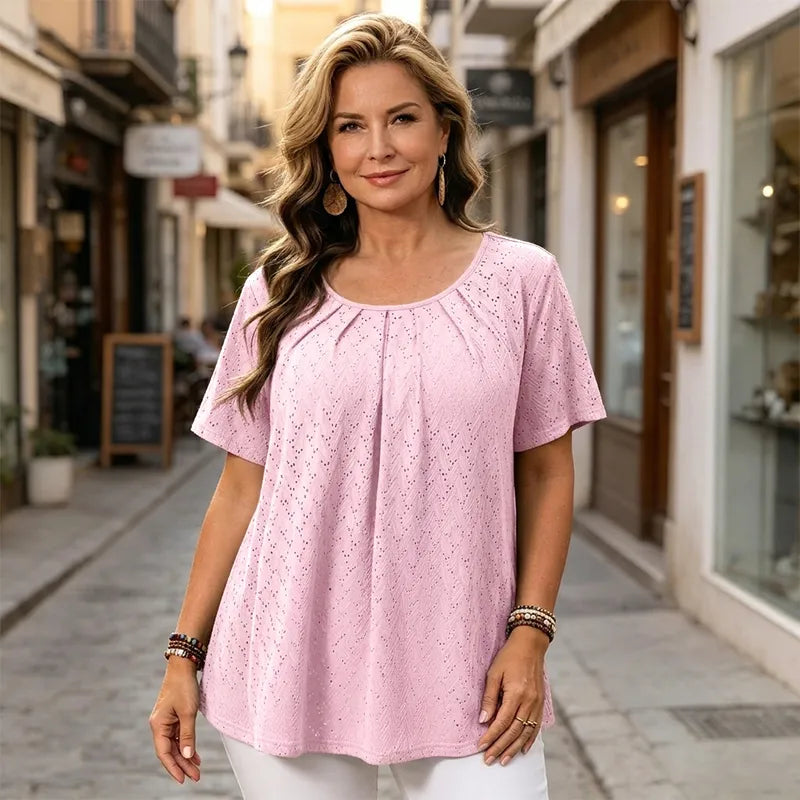 Bluză Elegantă de Damă cu Broderie Sparte și Pliuri la Decolteu, Tricou Lejer cu Mânecă Scurtă, Cămașă Texturată în Stil Francez