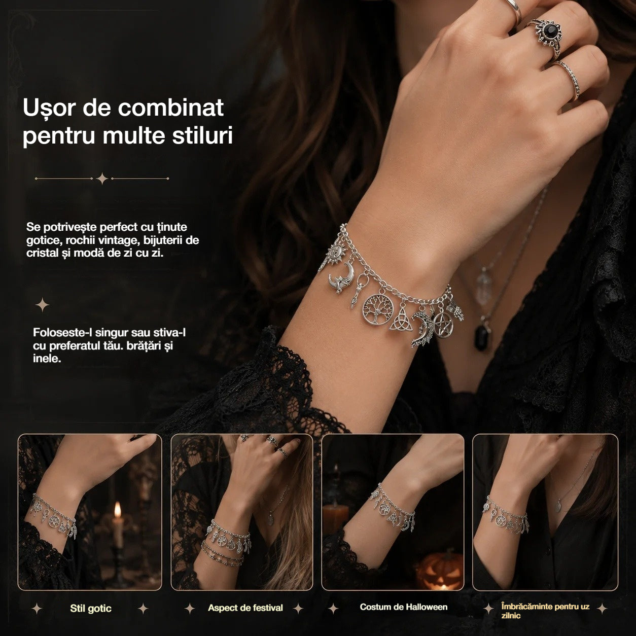 🔮✨Brățară cu pandantive vintage, aer mistic pentru femei – Bijuterii cerești, gotice și boho