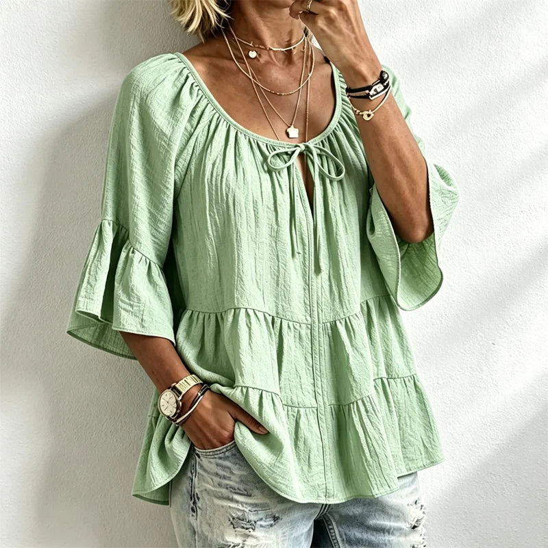 Bluză de Damă Elegantă cu Volane și Șnur la Decolteu, Mâneci Trei Sferturi Tip Clopot, Cămașă Texturată în Stil Boho-Chic, Model Peplum Lejer