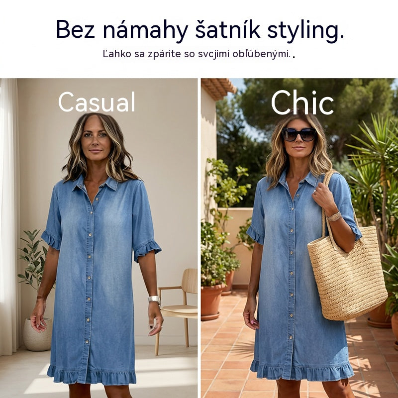 Rochie tip cămașă din denim, cu croială lejeră și volane