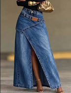 🥇【S-3XL】Fustă lungă din denim la modă, cu design cu șliț și curea în mai multe straturi