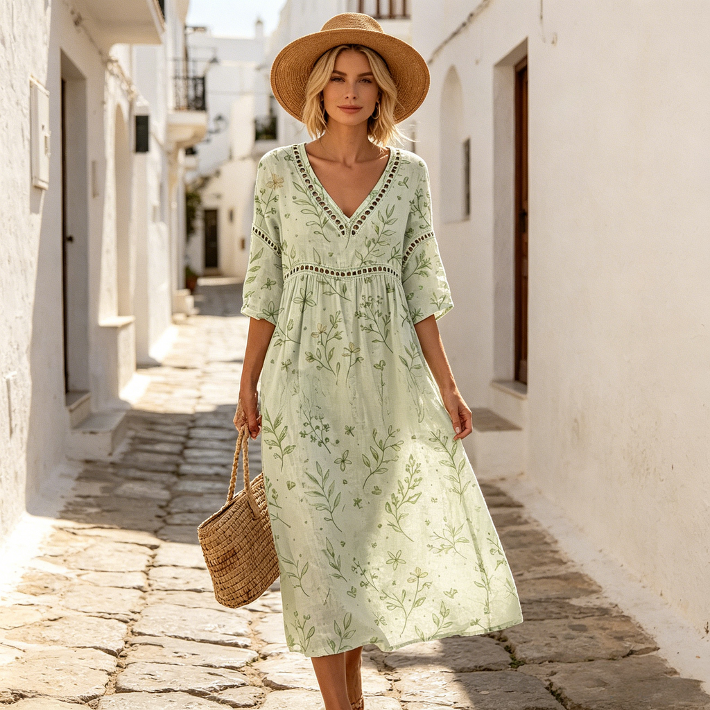 👗【S-3XL】Rochie lungă de damă din bumbac și in cu imprimeu - stil de vară, decolteu în V