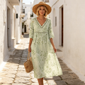 👗【S-3XL】Rochie lungă de damă din bumbac și in cu imprimeu - stil de vară, decolteu în V